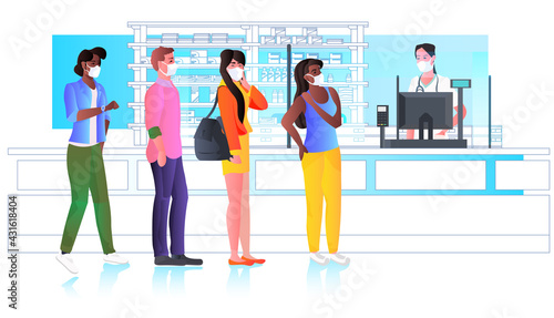 female pharmacist in mask giving pills to mix race customers patients at pharmacy counter modern drugstore interior