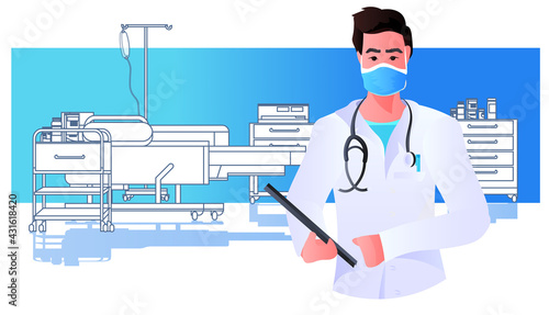 male doctor in uniform holding checklist modern hospital clinic ward interior medicine healthcare concept