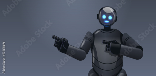 black robot cyborg pointing at something modern robotic character artificial intelligence technology concept