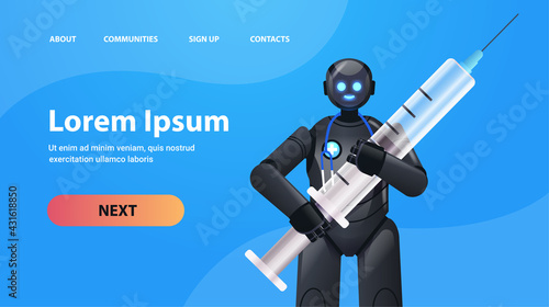 black robot doctor holding syringe vaccination medicine healthcare artificial intelligence concept