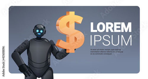 black robot holding dollar icon saving money and getting profit high income investment earning financial growth