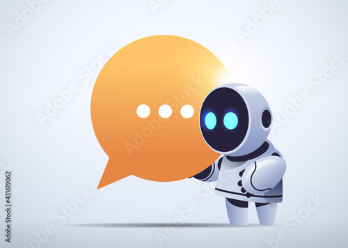 cute robot cyborg holding chat bubble communication chatbot customer service artificial intelligence technology