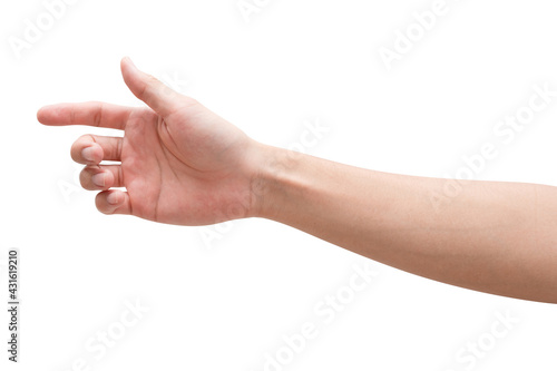  isolated of male caucasian hand holding something like a bottle or can. 