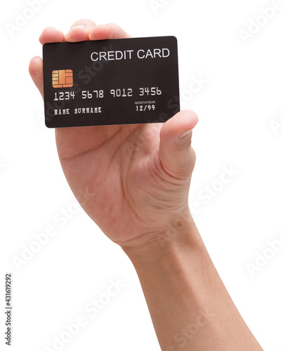 Male hand hold black credit card isolated on white background.