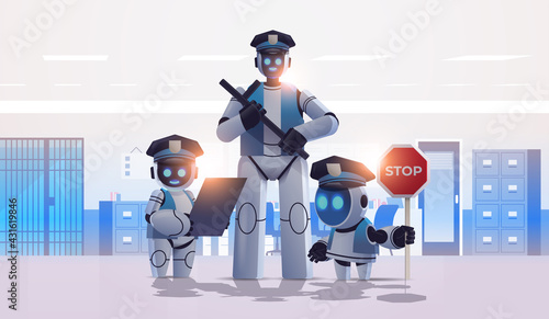 police robots patrol cops in uniform standing together artificial intelligence technology concept