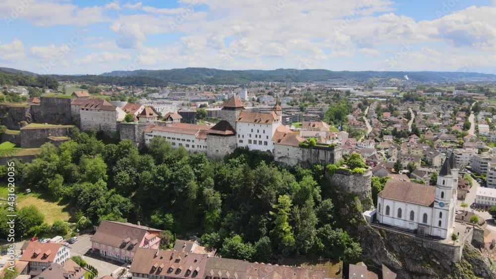 Cinematic wide aerial drone shot flying around the fortress in the town of Aarburg in Switzerland Cinematic wide aerial drone shot flying around the fortress in the town of Aarburg in Switzerland