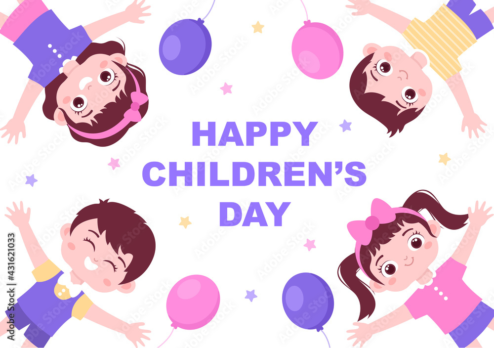 Happy Children's Day Celebration With Cartoon Character Illustration For Poster, Greeting Cards, Wallpaper Background, Banner, And Landing Page Happy Children's Day Celebration With Cartoon Character Illustration For Poster, Greeting Cards, Wallpaper Background, Banner, And Landing Page