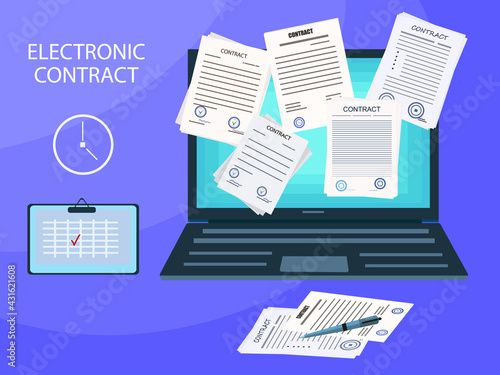 Electronic contract, digital key, signature,  vector illustration. A lot of paper documents with a seal, laptop. Online form, treaty, internet office. The concept of paperwork, treaty, agreement, deal