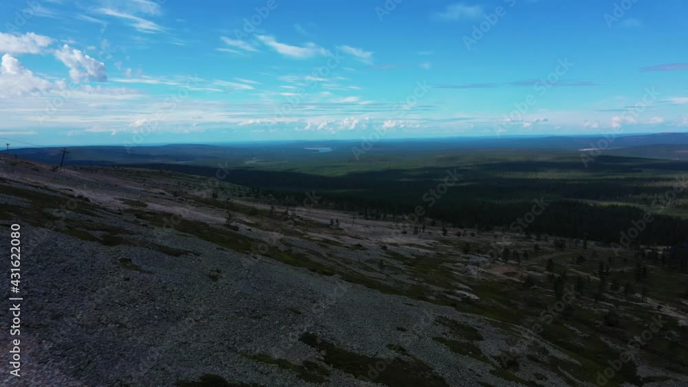Aerial drone view low over the Yllastunturi fell, summer day, in Kolari, Lapland Aerial drone view low over the Yllastunturi fell, summer day, in Kolari, Lapland