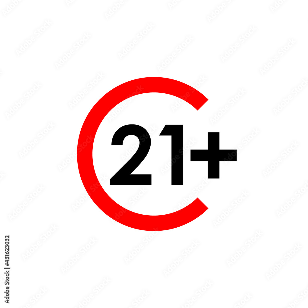21+ age limit vector sign, red arc with black digits