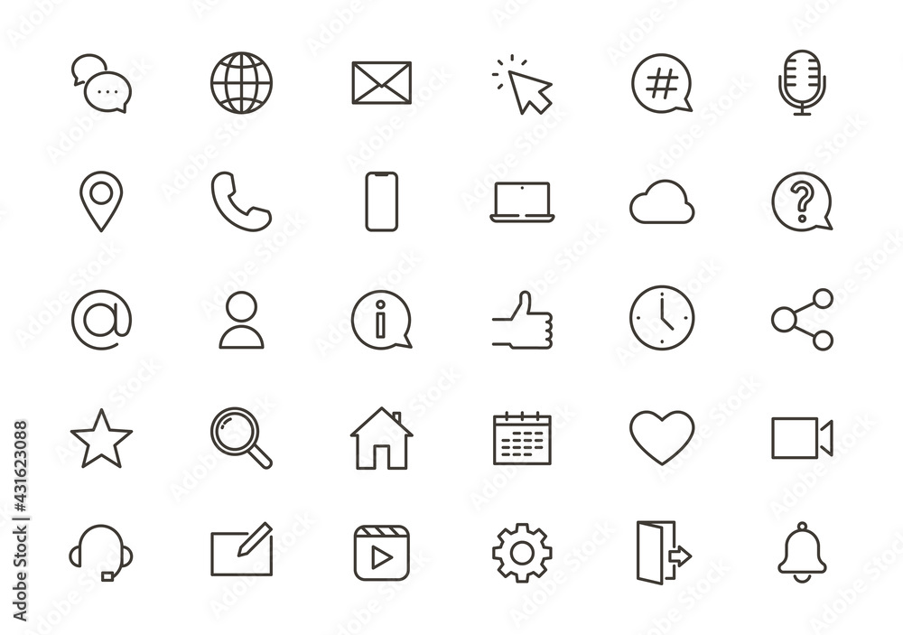 Complete set of 30 icons related with social media and online business strategy. Thin line essential graphic design elements for any website or business Complete set of 30 icons related with social media and online business strategy. Thin line essential graphic design elements for any website or business