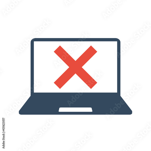 laptop with red cross sign, task or process failure icon