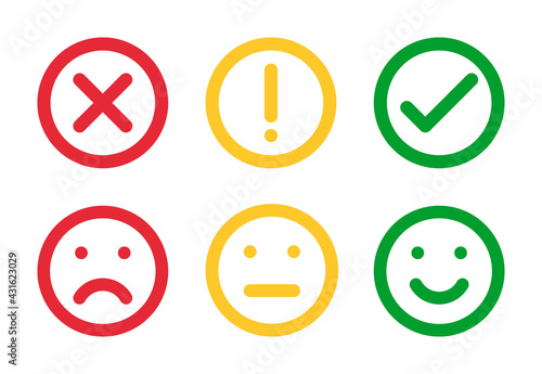 different moods smiles and check mark sign, vector icons set