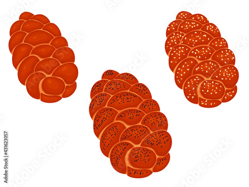 Set of challah is the national Jewish food. White bread. Vector illustration isolated on white background.