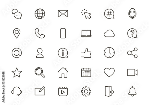 Complete set of 30 icons related with social media and online business strategy. Thin line essential graphic design elements for any website or business