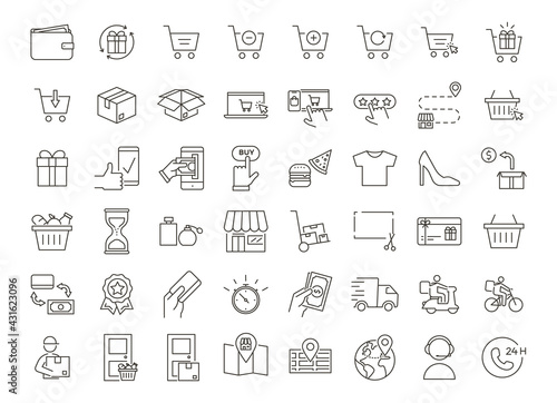 Complete set with 48 icons related with Online shopping, delivery services, takeaway and online stores express home service subjects. Thin outline illustrations