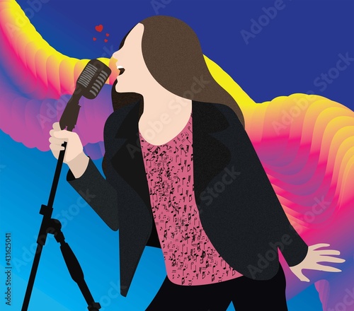 Teenage girl with microphone singing vector illustration 