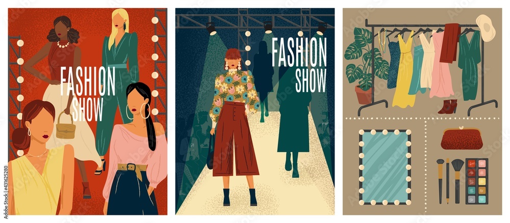 Fashion show concept vector illustration. Hand drawn set of fashion week posters with models on a catwalk podium. Woman in different design dress. Female clothes design collection. - obrazy, fototapety, plakaty 