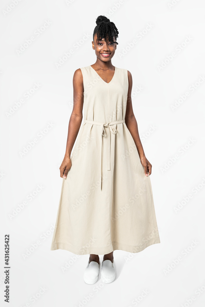 Woman in sleeveless dress casual wear apparel full body Woman in sleeveless dress casual wear apparel full body