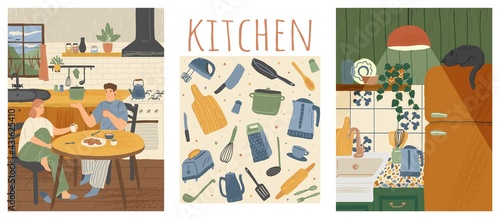 Vector set of home kitchen posters in cartoon hand drawn style. Family having breakfast at home in the kitchen. Cozy house interior. Poster with household utensil, kitchenware.