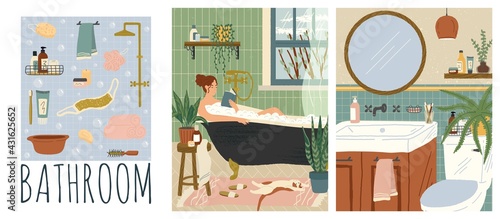 Vector set of bathroom interiors hand drawn illustrations. Woman reading book while relax in bath tub. Bathroom accessories, toilet room, home interior