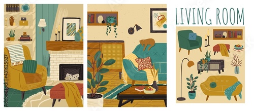Living room interior hand drawn vector illustration set. Home modern interior design. Cozy room furniture and accessories. Comfy sofa, fireplace, table, couch, chair