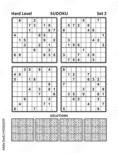 Four sudoku puzzles of hard level, solutions included. Set 2.
