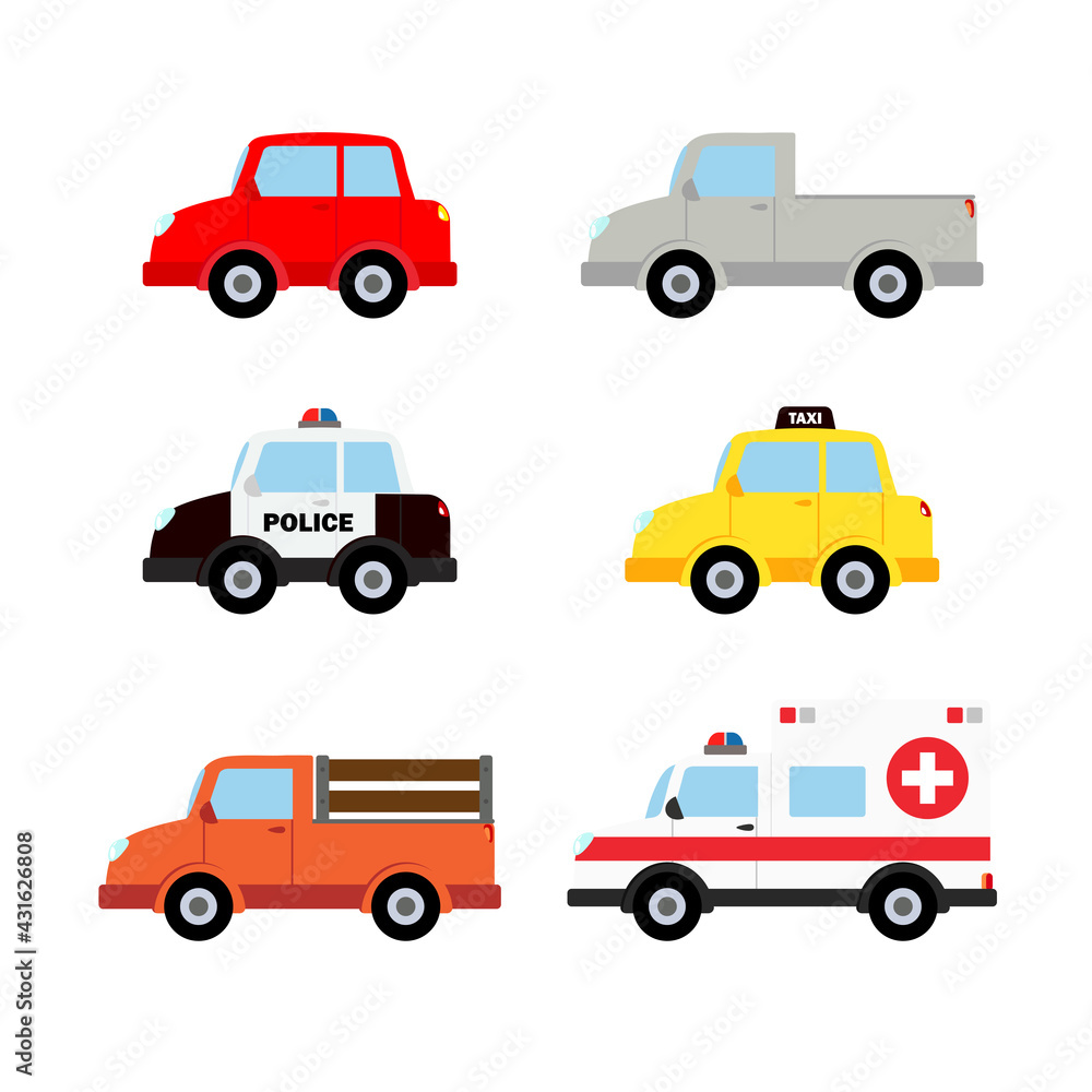 Police car, police patrol car, taxi, bus, ambulance, cargo truck, farm car, vector illustration icon. Police car, police patrol car, taxi, bus, ambulance, cargo truck, farm car, vector illustration icon.