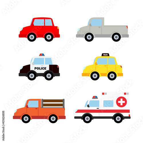 Police car, police patrol car, taxi, bus, ambulance, cargo truck, farm car, vector illustration icon.