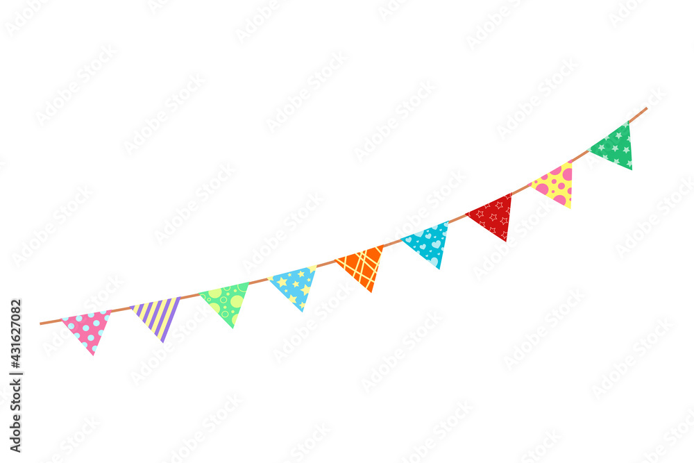 Obraz premium Happy birthday party, birthday party, colorful party flags, flat vector illustration and icons