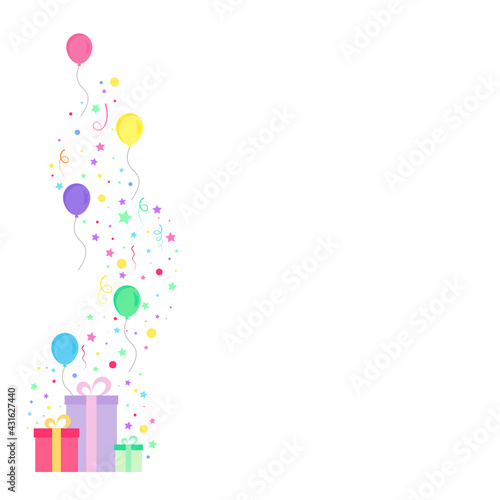 Happy birthday party, birthday party, colorful gift box full of glittering light and many colorful balloons, party background, fireworks,Exploding party popper with confetti,vector illustration icons.