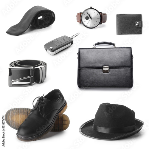 Stylish male accessories on white background