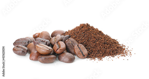 Coffee beans and powder on white background