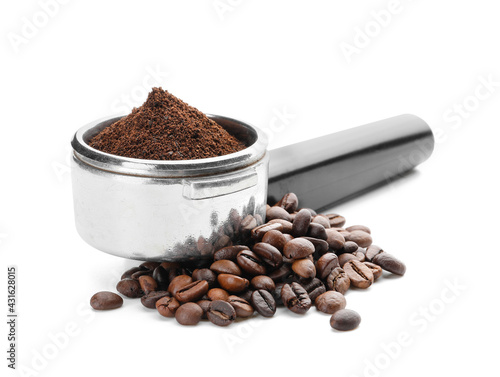 Coffee beans and portafilter with powder on white background