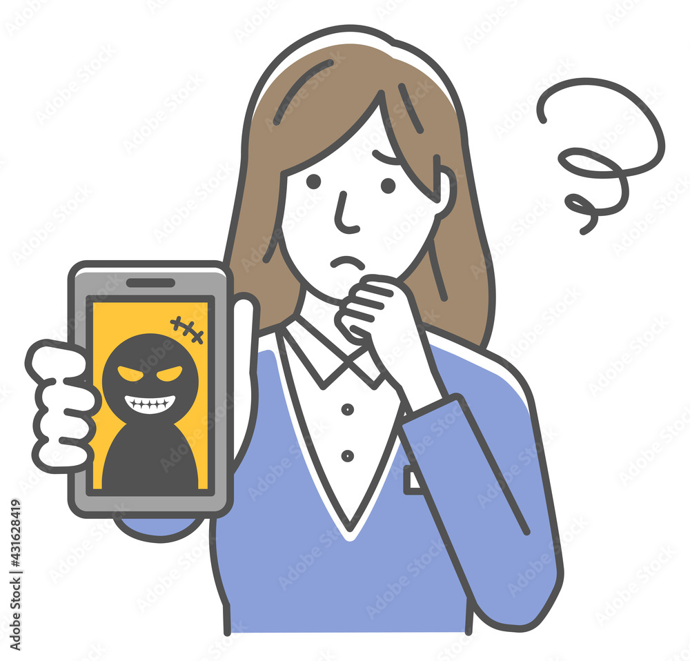 Vector illustration of businesswoman in trouble with phone fraud.