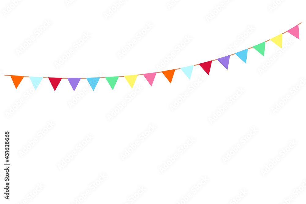 Obraz premium Happy birthday party, birthday party, colorful party flags, flat vector illustration and icons