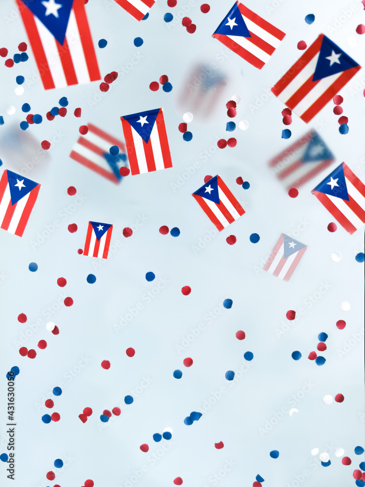Obraz premium Puerto Rico. freely associated state. Commonwealth. National flags on foggy background. July 25, Constitution Day. Concept freedom and memory and patriotism.