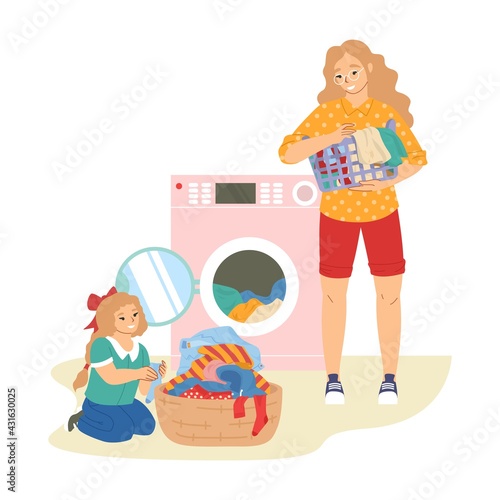 Cute girl helping her mother with laundry and cleaning house, flat vector illustration. Kids household chores.