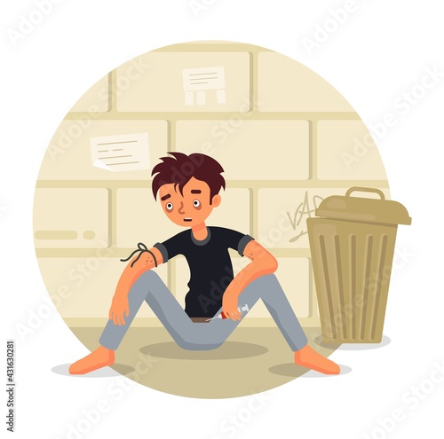Unhappy young man, addict sitting on sidewalk with syringe, flat vector illustration. Heroin drug abuse and addiction.