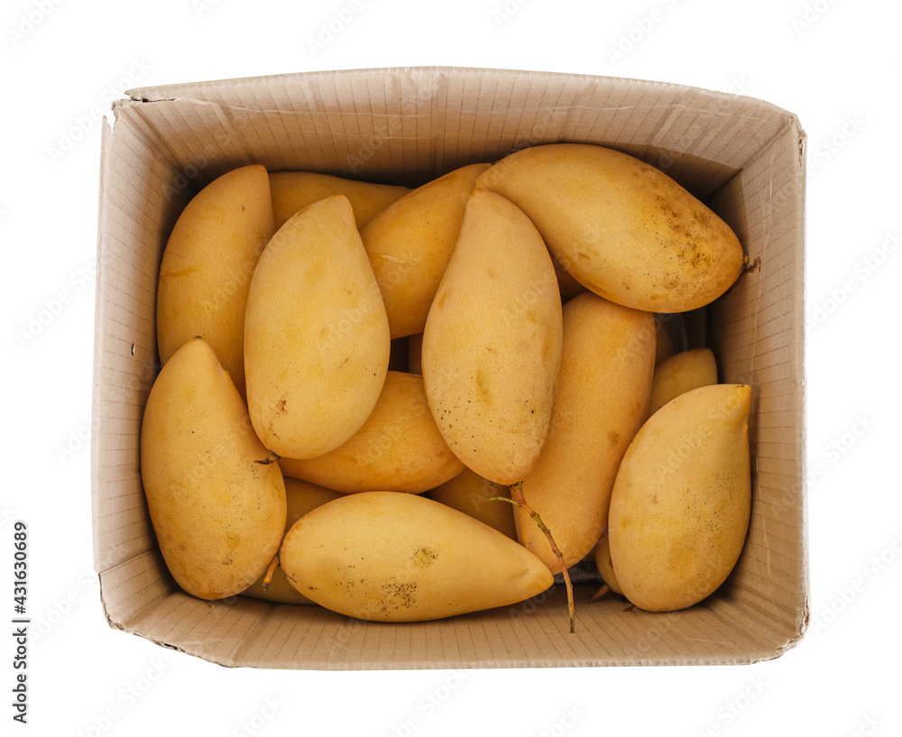 Mango yellow in paper box isolated on white background, clipping path. Mango yellow in paper box isolated on white background, clipping path.