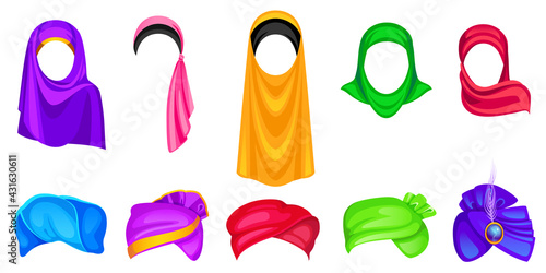 Set of turban and hijab headwear for men and women, oriental and indian wrap hats of different colors, shapes and design. Arabian scarf for women, pagdi for men, Cartoon vector illustration, clip art