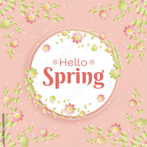 Hello spring banner. Trendy texture. Season vocation  weekend  holiday logo. Spring Time Wallpaper. Happy spring Day. Spring vector Lettering text. Fashionable styling. Flower vector.