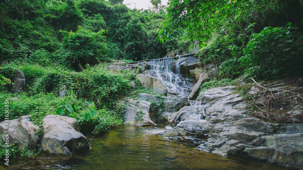 Waterfall in the forest in the middle of the valley.