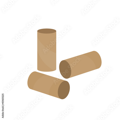 Empty toilet paper rolls. Three toilet paper tubes. Paper waste for recycling. Tissue paper cardboard core. Empty used bath towels. Isolated on white background. Vector illustration, flat, clip art.  