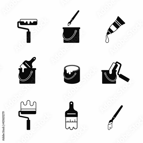 Simple set of brushes and painting related vector icons. Contains such icons as dyes, paint rollers, paint buckets, and more.