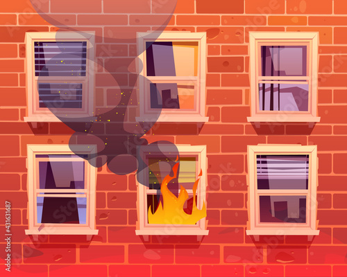 Fire in house, window with burning flame, long blazing and black steam at real estate building facade of red brick. Dangerous accident at home or residential dwelling, Cartoon vector illustration