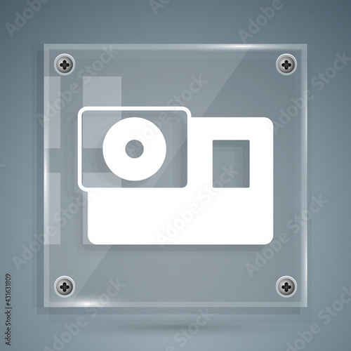 White Action extreme camera icon isolated on grey background. Video camera equipment for filming extreme sports. Square glass panels. Vector