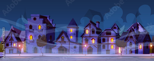 Medieval german night street with half-timbered houses in fog. Traditional european old town buildings with glow windows. Fachwerk cottage cityscape with paving stone road, Cartoon vector illustration