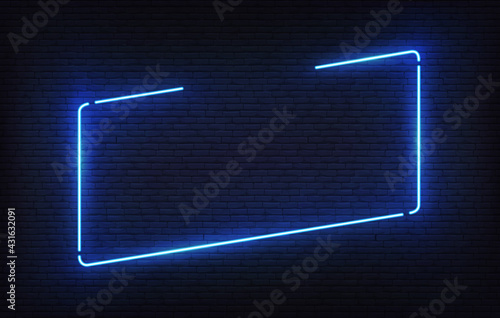 Neon frame template with placeholder. Blue incline light banner design template. Vector glowing rectangle signboard