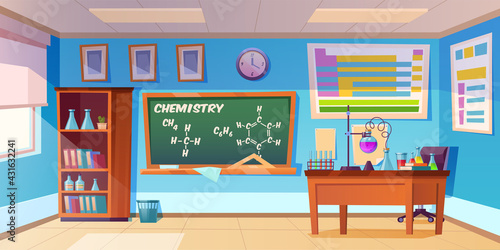 Chemistry cabinet, empty classroom laboratory interior with chemical formula on blackboard, beakers for experiments on desk, furniture and school supplies. Educational room cartoon vector illustration